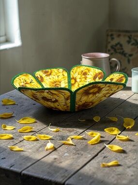 Hand Crafted Basket Bowl Quilted 8” round x 3” tall Sunflower with Green Trim